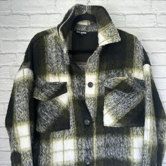Steve Madden Shacket Dress Jacket Medium Long Sleeve Button Up Green Black White - Picture 4 of 8